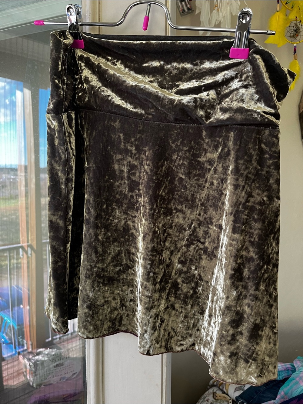 Crushed Velvet A-Line Skirt in Olive